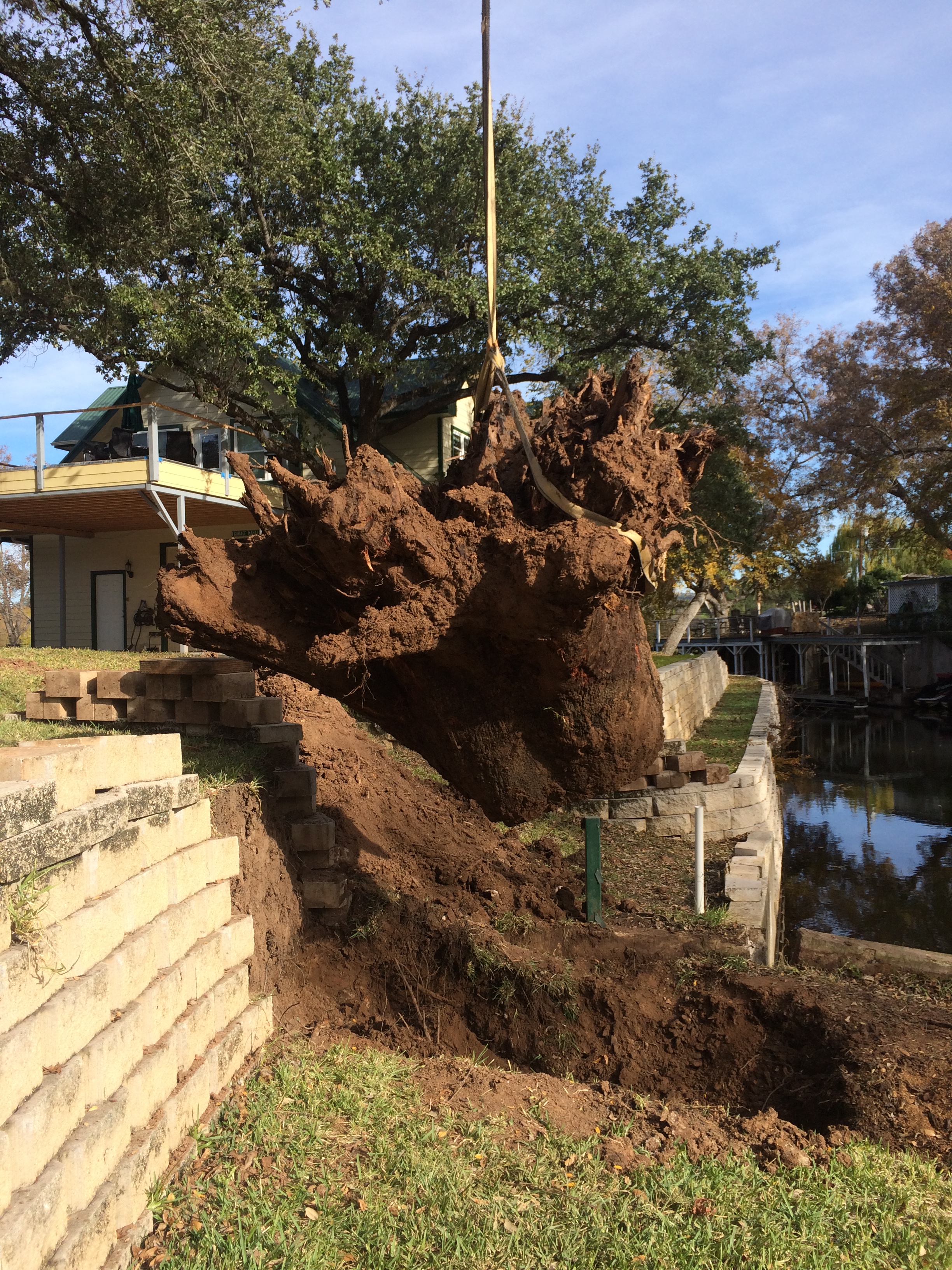 Crane lifting an uprooted tree root ball away from a lake house retaining wall during storm cleanup